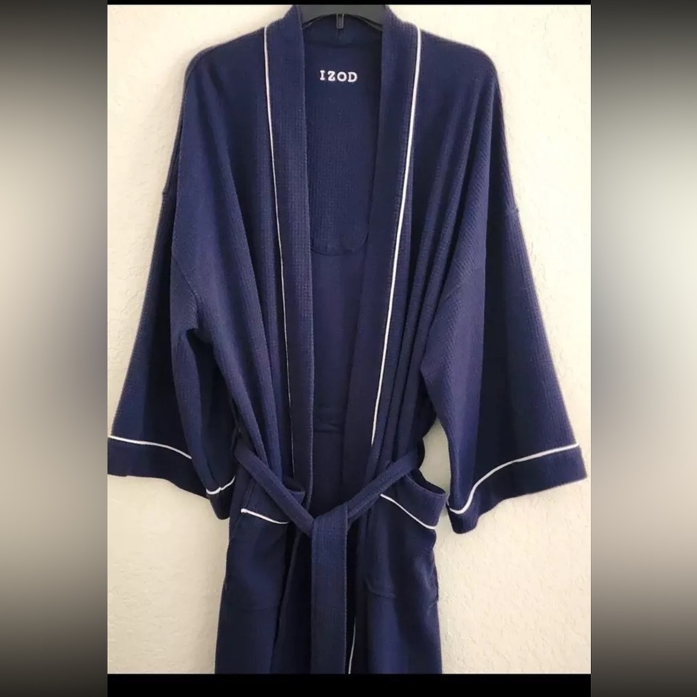 ROBE-IZOD-NAVY BLUE-WHITE TRIM-CLASSIC-ATTACHED TIE-LONG-WAFFLE-LONG SLEEVES - Picture 4 of 8
